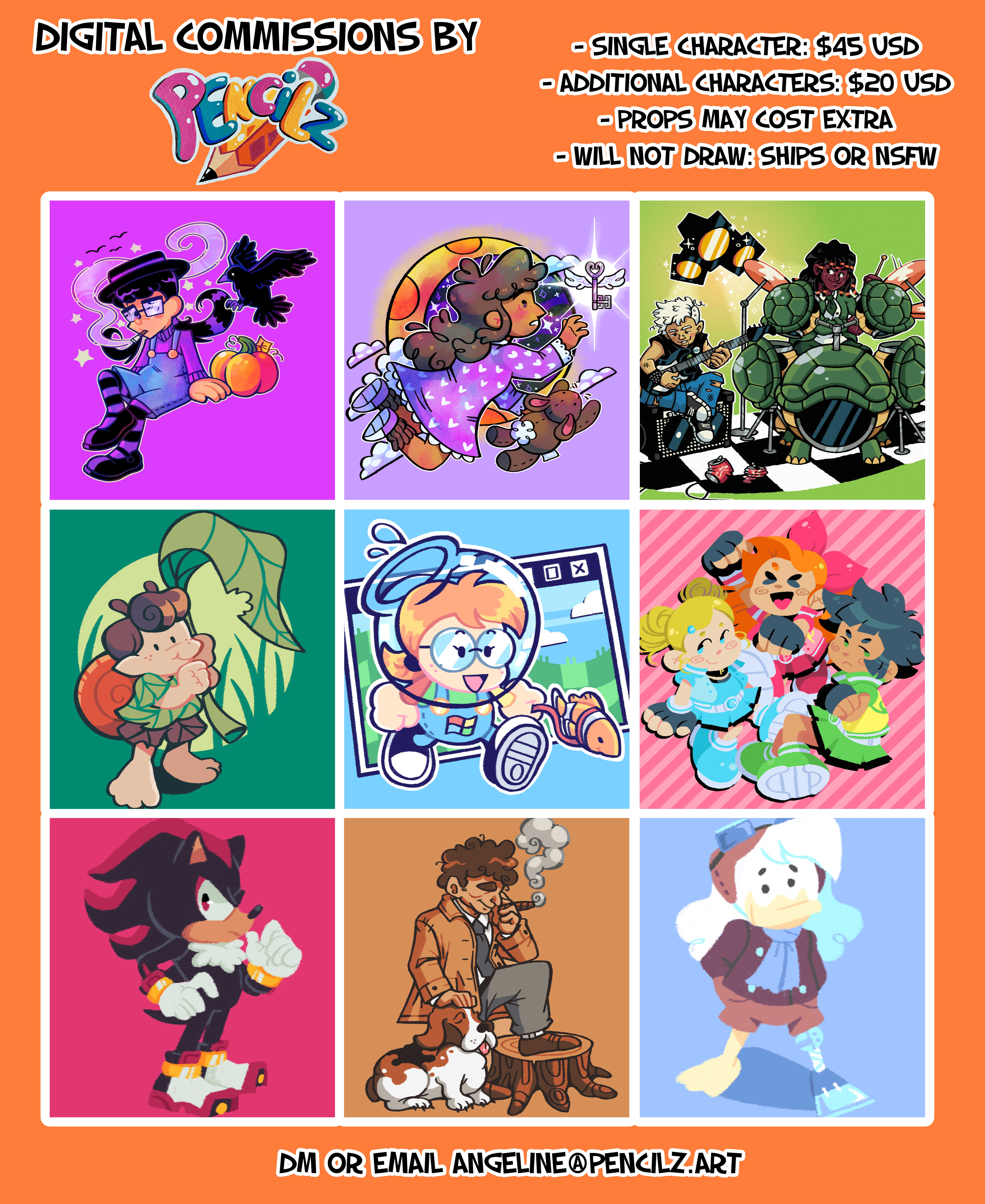 Digital Commissions by Pencilz. Single character $45, additional characters $20. Props may cost extra. Will not draw ships or NSFW.
