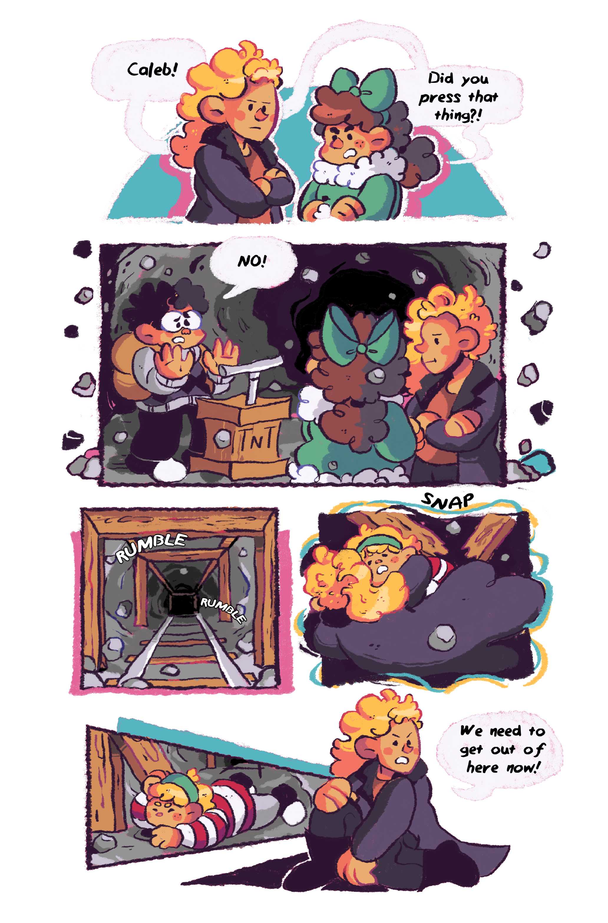 Panel 1: 'Caleb?' Cori asks, her and Matilda stand armed crossed, 'Did you press that thing?' Panel 2: 'No!' Caleb cries, backing down as pebbles continue to fall around them. Panel 3: The mineshaft begins to rumble more intensely. Panel 4: A wooden support beam snaps, and Matilda jumps to push Zoe out of the way. Panel 5: Zoe lies on the floor of the mineshaft, shielding her head from falling rocks. Matilda shouts, 'We need to get out of here now!'